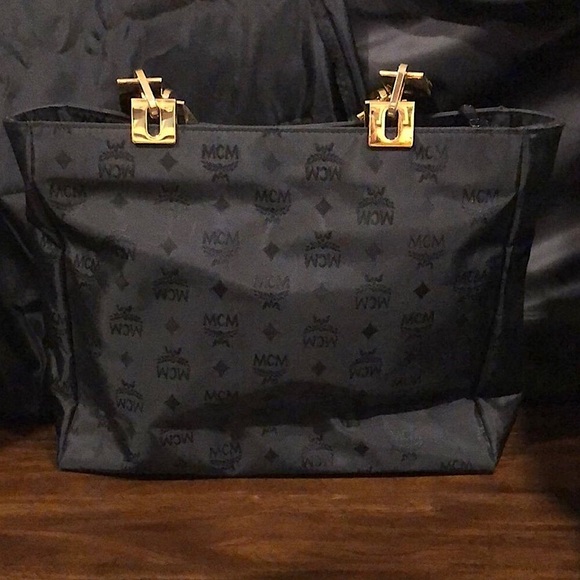 M MCM Black & Gold Monogram Shoulder Bag with Top Zipper Closure German - Picture 3 of 17
